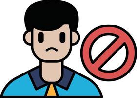 A man with a frowning face is standing in front of a no sign vector