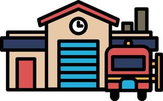 A red fire truck is parked in front of a building with a clock on the side vector