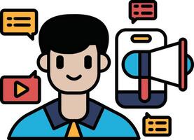 A man with a microphone is smiling and surrounded by a bunch of speech bubbles vector