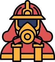 A cartoonish drawing of a firefighter in a red and yellow suit with a gas mask vector