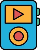 A blue and yellow music player with a red arrow pointing to the play button vector