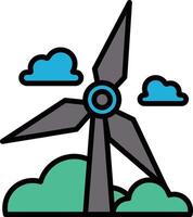 A wind turbine is shown in the foreground of a cloudy sky vector