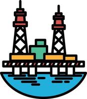 A colorful drawing of a large oil rig with a red and yellow tower vector