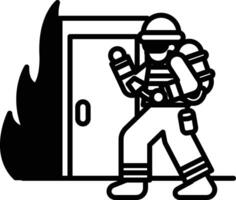 A firefighter is standing in front of a burning door vector