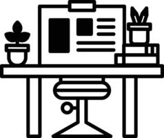 A desk with a computer monitor, a chair, and a potted plant vector