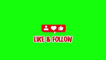 Like and follow pop up animation motion chroma key green screen 4k template background. video