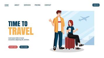 Young couple with suitcase, backpack showing thumbs up at the airport before flight. Flat design, cartoon style. illustration. Travelling concept website, web page design. vector