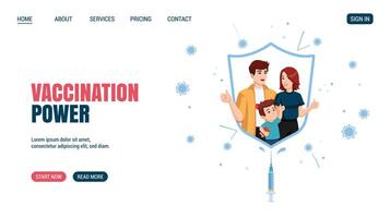 Vaccinated family is protected from infection by an immunity shield. Power of vaccination concept Website, web page design, promo, advertising. illustration in flat style. vector