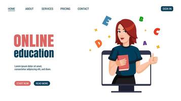 Young woman with book Shows thumbs up on computer monitor Surrounded with letters. Online Education, knowledge, student concept Website, web page design. illustration. Back too school concept vector