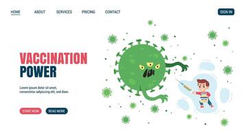 Vaccinated boy with syringe as sword fighting the Virus monster. Vaccination power concept Website, web page design. Children vaccination. Flat design. Vaccination protects from viruses. vector