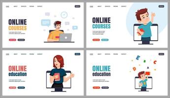 People with book Shows thumbs up from computer monitor. Online Education, knowledge, student concept Website, web page design set. illustration. Back too school concept vector