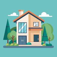 house with trees and bushes on a blue background vector