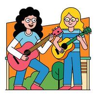 two girls playing guitar and singing in front of a building vector