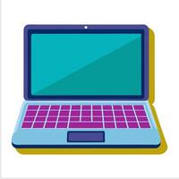 a laptop computer with a blue screen and purple keys vector