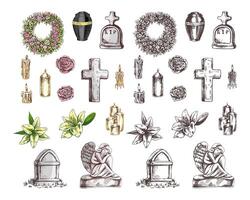 Hand drawn set for Funeral service. Attributes and symbols of condolence, loss, dead, bereavement and cemetry. Sketch of vintage stone angel, tombstone, urn, cross, resurrection. vector
