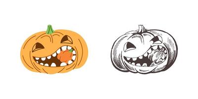flat and hand drawn style Halloween Illustration. Hand-drawn scary pumpkin sketch isolated on white background. Element for labels, packaging and cards design. vector