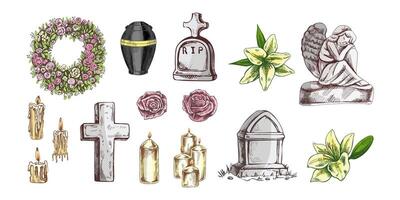 Hand drawn set for Funeral service. Attributes and symbols of condolence, loss, dead, bereavement and cemetry. Sketch of vintage stone angel, tombstone, urn, cross, resurrection. vector