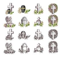 Hand drawn set for Funeral service. Attributes and symbols of condolence, loss, dead, bereavement and cemetry. Sketch of vintage stone angel, tombstone, urn, cross, resurrection. vector