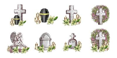 Hand drawn set for FuAttributes and symbols of condolence, loss, dead, bereavement and cemetry. Sketch of vintage stone angel, tombstone, urn, cross, resurrection. vector