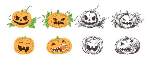 flat and sketch style Halloween Illustration. Hand-drawn scary pumpkin sketch set. Element for labels, packaging and cards design. vector