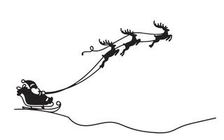 Continuous one black line art drawing of Santa Claus is flying in sleigh with Christmas reindeer doodle style sketch outline. illustration on white vector