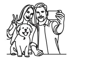 Continuous one art line black hand drawing of a couple staying with their dog and taking a self portrait. illustration on white vector