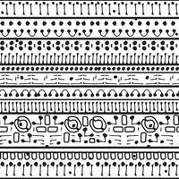 Ancient or African abstract motifs seamless border pattern on white background. Illustration of black lines, dots, circles vector