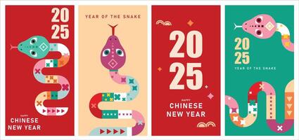 Set of 2025 Chinese new year, year of the snake banner templates design with modern geometric style snakes. Notebook cover, brochure, postcard, banner. vector