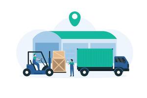 Forklift Loading Pallets in a Bus.Distribution Center. Illustration vector