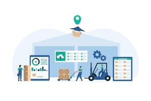 Warehouse Workers Efficiently Handling Inventory Using Advanced Technology and Tools. Modern Logistics Solutions with Automated Systems. Illustration vector