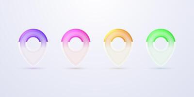 Collection of navigational colorful pins in glass matte style. vector