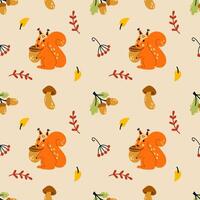Endless seamless autumn pattern for printing on fabric and sewing children clothes. Funny squirrel is holding nut. Doodle style twig. vector