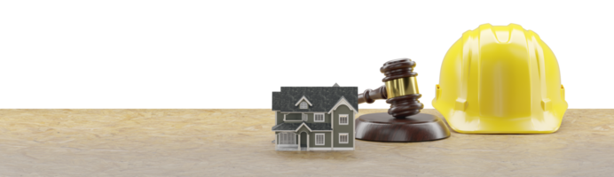 Banner of a Model House, Gavel and Yellow Hard Hat Resting on a Wood Surface with a Transparent Background. Transparent . png