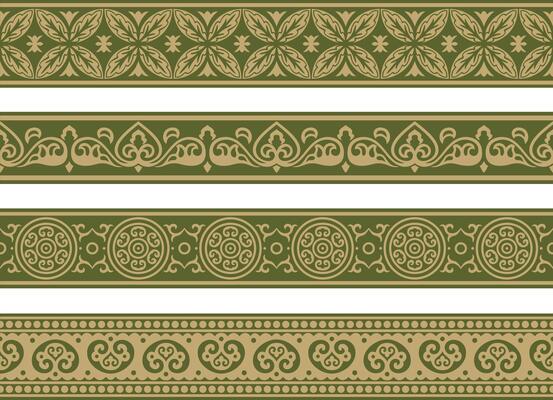 endless golden with green ancient Russian ornament. Seamless Slavic border, frame. Painting of the royal chambers.