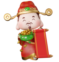 3D rendering illustration of cute traditional god of wealth holding a cornucopia with a red scroll png