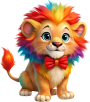 A lively lion cub with colorful mane and small red bowtie png