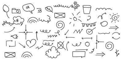 Collection of Hand-Drawn Doodle pen line Arrows, Clouds, Envelopes, anime mark Speech Bubbles, Swirls, and Nature Elements design for print vector