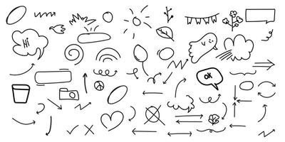 Hand-Drawn Doodle pen line elements Set Arrows, Speech Bubbles, Symbols, anime mark and Decorative Sketches for Creative design for print vector
