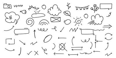 Hand-Drawn Doodle pen line elements Set Arrows, Speech Bubbles, Hearts, Stars, Swirls, anime mark and Decorative Lines for Design design for print vector