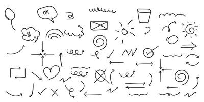 Unique Hand-Drawn Doodle pen line Elements Camera, Arrows, anime mark, Clouds, Sun, Speech Bubbles, and Decorative Lines design for print vector