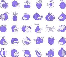 Color Fruit Icon Set. Icons of Apple, Pear, Kiwi, Watermelon, Orange, Peach, Apricot, Passion Fruit, Pineapple, Fig, Strawberry, Pomelo, Banana, Raspberry, Mango and More vector
