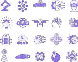 Colored Technology Icons. Icons of Geolocation, Virtual Reality, Blockchain, Internet of Things, Robotics, Autonomous Car, Artificial Intelligence and Others vector