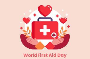 Upcoming World first aid day holiday concept with hand and heart with blood box template vector