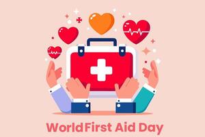 World first aid day holiday, aid box with rising hand vector