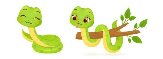 Cute snakes with smiling faces. Merry christmas and Happy new year 2025 invitation card. vector