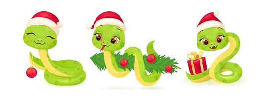 Cute snake characters with smiling faces. Merry christmas and Happy new year 2025 card. vector