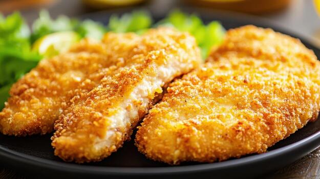 plato presentando un crujiente empanizado pollo chuleta. foto