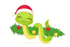 Cute snake characters with smile on faces. Merry christmas and Happy new year 2025 invitation card. vector
