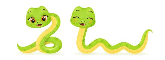 Cute snake characters with smiling faces. Merry christmas and new year 2025 invitation card. vector