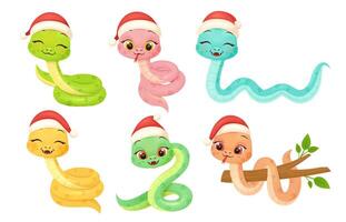Cute snake characters with smiling faces. Merry christmas and Happy new year 2025 invitation. vector